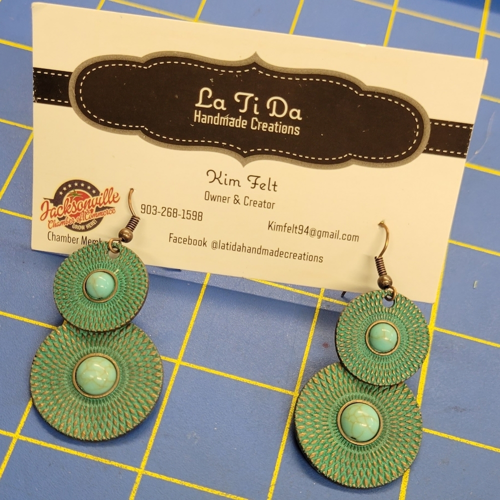 Bronze Metal Circle Dangle Turquoise Accent Earrings
